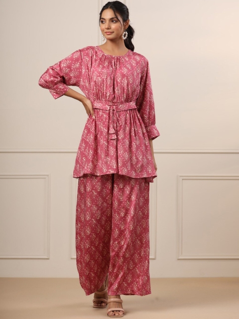 

JISORA Women Pink Printed Pure Silk Co-Ords Set