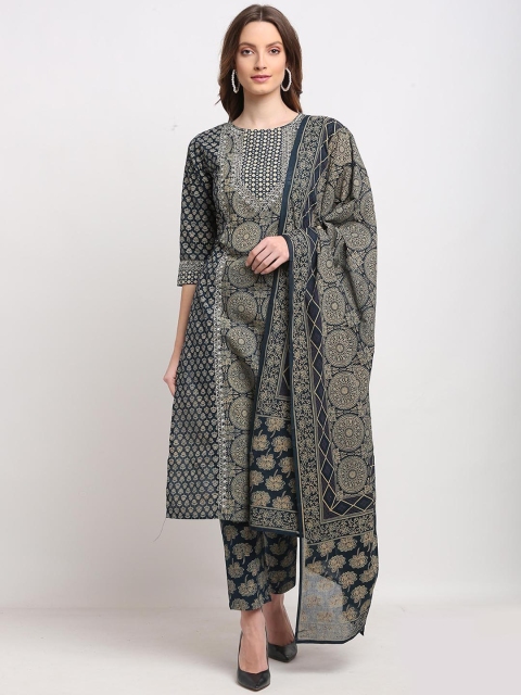 

Rajnandini Women Plus Size Navy Blue Floral Embroidered Pure Cotton Kurta with Trousers & With Dupatta