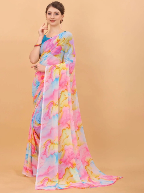 

MS RETAIL Blue & Pink Tie and Dye Pure Georgette Saree With Blouse Piece