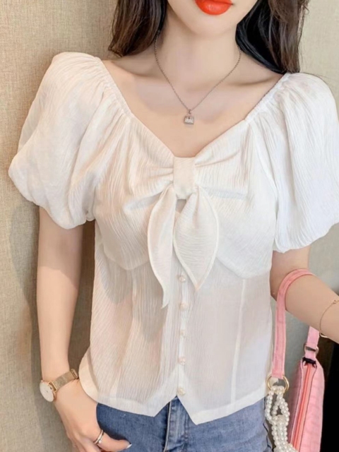 

La Aimee White Tie-Up Neck Top