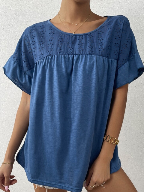 

La Aimee Blue Solid Short Sleeves Top