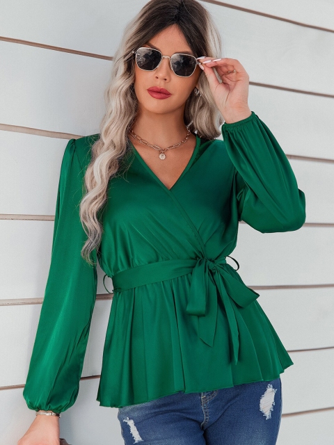 

La Aimee Green Waist Tie Ups Wrap Top