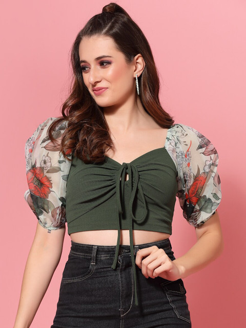 

KASSUALLY Green Floral Print Crop Top