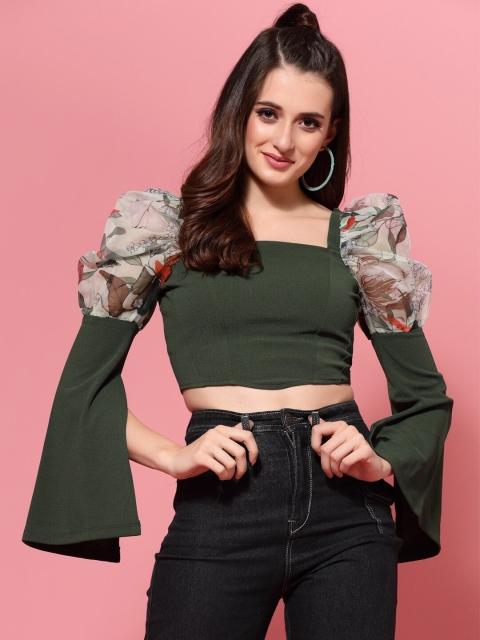 

KASSUALLY Women Green & Beige Puff & Slit Sleeves Crop Top