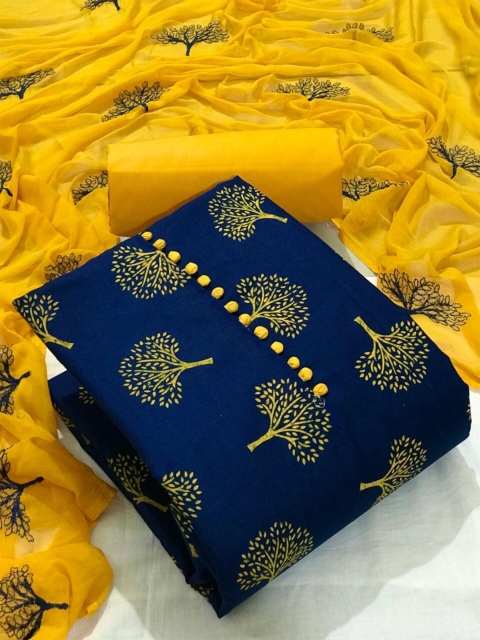 

MORLY Women Navy Blue & Yellow Printed Unstitched Dress Material