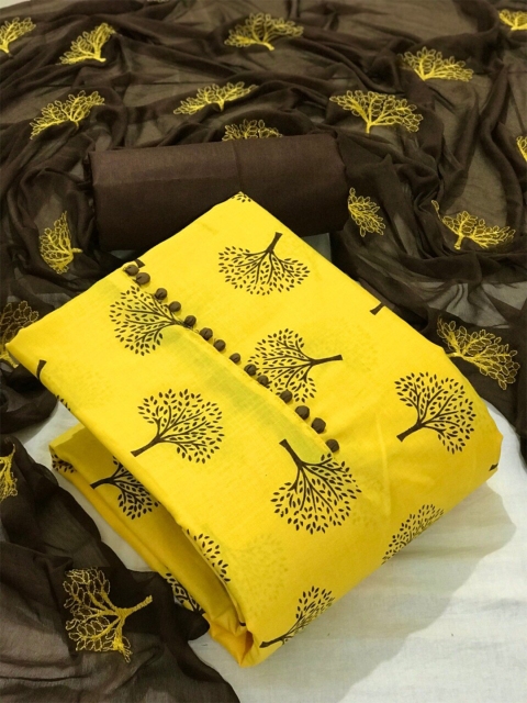 

MORLY Yellow & Brown Printed Unstitched Dress Material