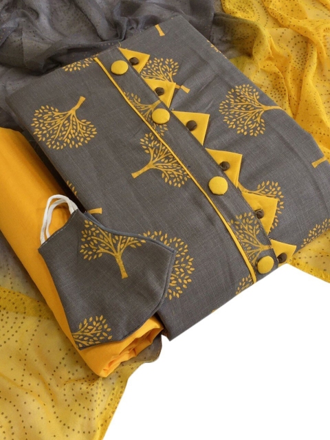 

MORLY Grey & Yellow Printed Unstitched Dress Material