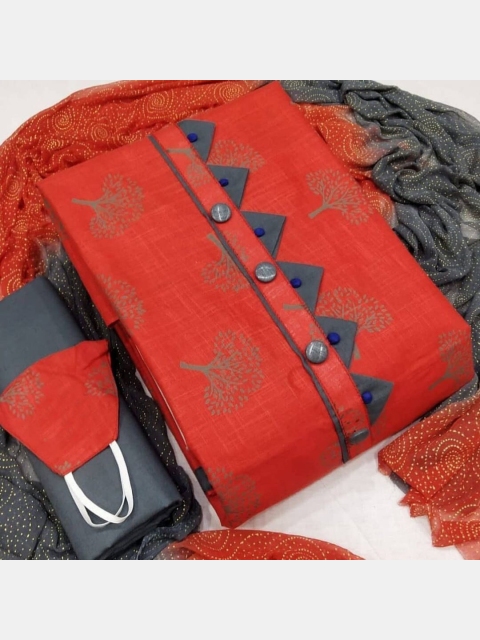

MORLY Red & Grey Printed Unstitched Cotton Dress Material