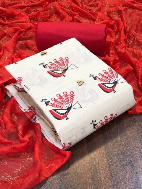 

MORLY Women Red & White Printed Unstitched Dress Material