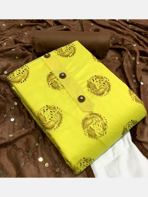 

MORLY Yellow & Brown Printed Unstitched Dress Material