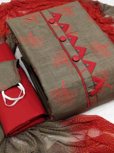 

MORLY Women Grey & Red Printed Unstitched Dress Material