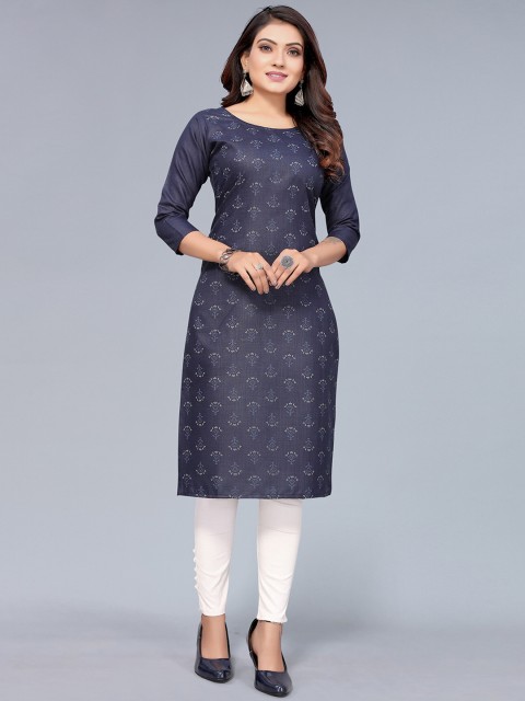 

Nimayaa Women Navy Blue Floral Printed Cotton Silk Straight Kurta