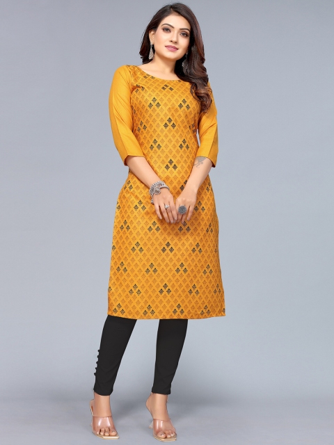 

Nimayaa Women Mustard Yellow Ethnic Motifs Printed Cotton Silk Straight Kurta