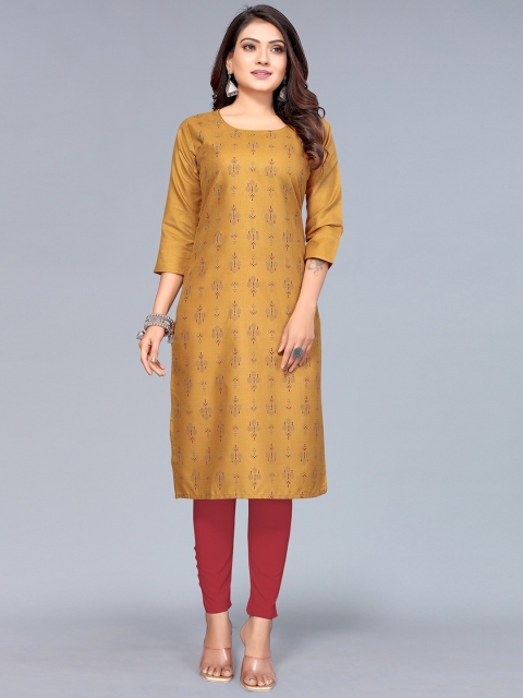 

Nimayaa Women Mustard Printed Cotton Silk Straight Kurta