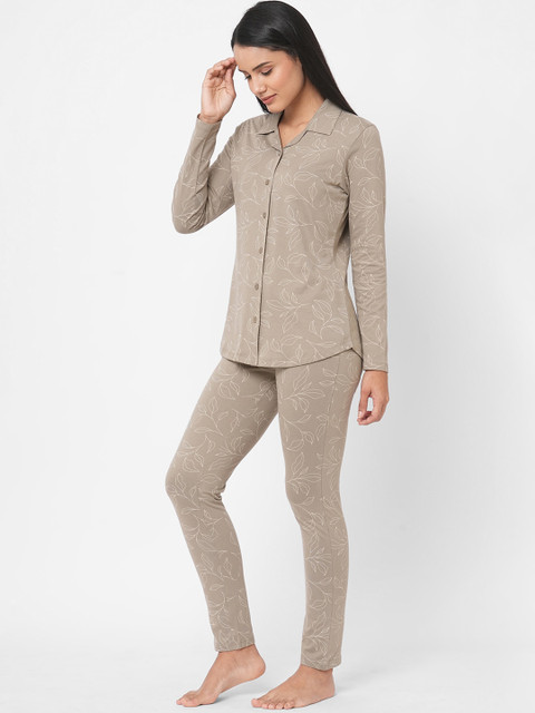 

SDL by Sweet Dreams Women Green & Off White Printed Night suit