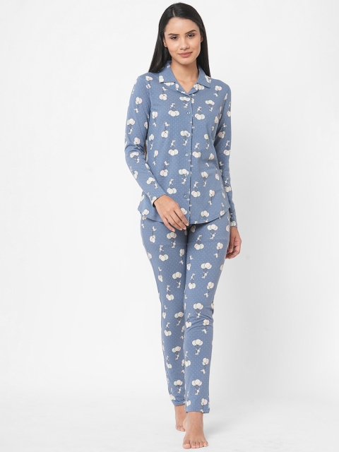 

SDL by Sweet Dreams Women Blue & Off White Printed Night suit