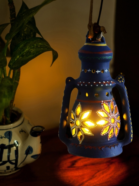 

ExclusiveLane Blue Terracotta Hand-Painted Hanging Cum Table Lantern