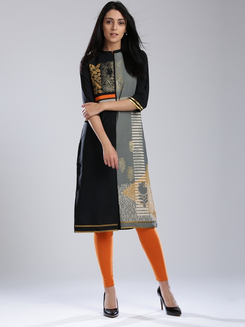

W Women Black & Grey Printed Straight Kurta