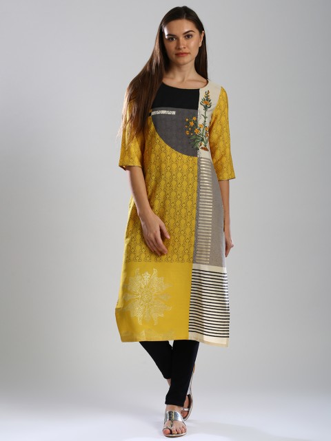 

W Women Yellow & Grey Printed Straight Kurta