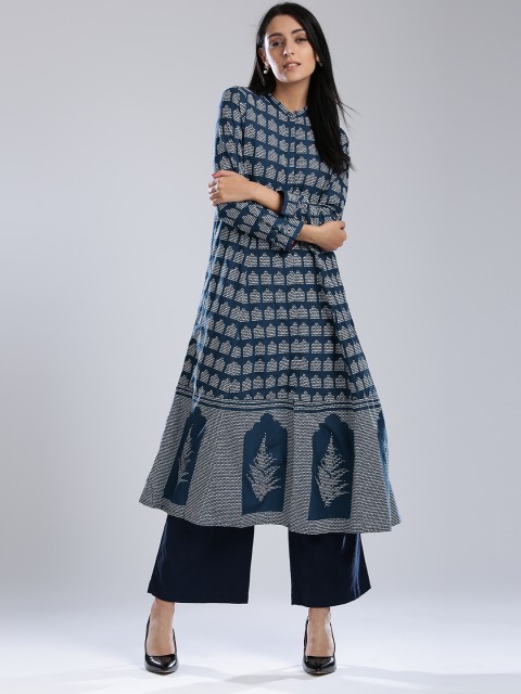 

W Women Navy & White Printed A-Line Kurta, Navy blue