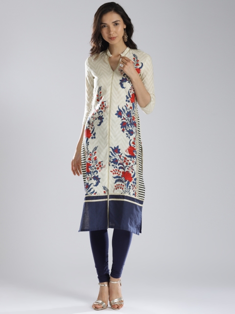 

W Women Off-White & Blue Printed Straight Kurta