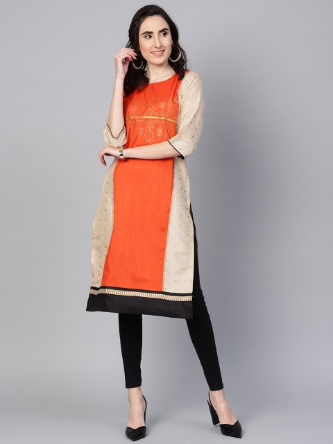 

W Women Orange & Beige Printed Straight Kurta