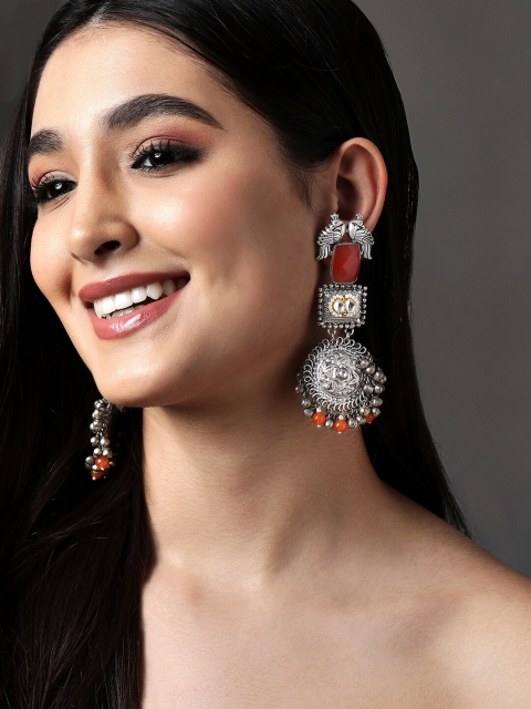 

Rubans Silver-Plated & Red Peacock Shaped Drop Earrings