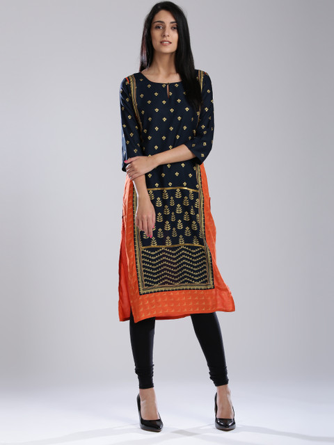 

W Women Navy & Orange Printed Straight Kurta, Navy blue