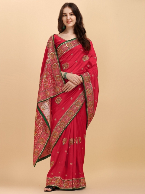 

Fab Viva Red & Gold-Toned Ethnic Motifs Embroidered Art Silk Saree With Blouse Piece