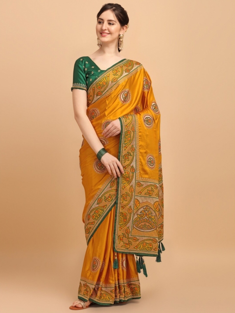 

Fab Viva Yellow & Green Ethnic Motifs Embroidered Pure Silk Ready to Wear Saree