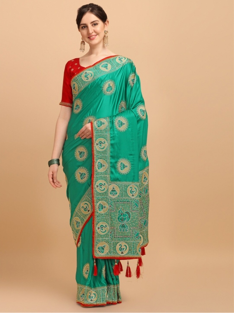 

Fab Viva Green & Red Ethnic Motifs Embroidered Pure Silk Saree With Blouse Piece