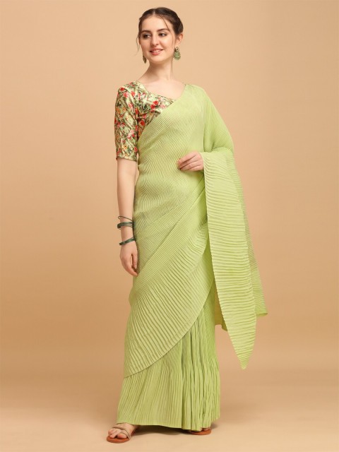 

Fab Viva Lime Green Pleated Satin Saree With Blouse piece