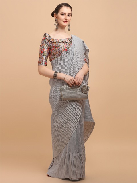 

Fab Viva Grey Satin Pleated Saree With Blouse piece