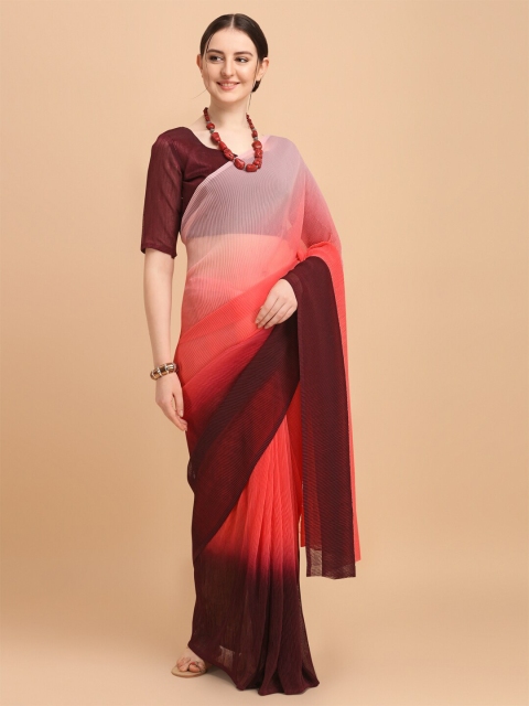 

Fab Viva Red & Peach-Coloured Accordion Pleated Ombre Pure Georgette Saree