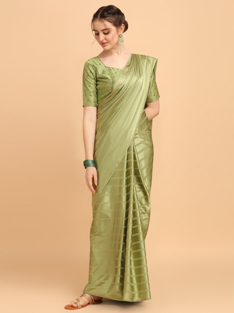 

Fab Viva Green Satin Silk Striped Saree With Sequences Blouse Piece