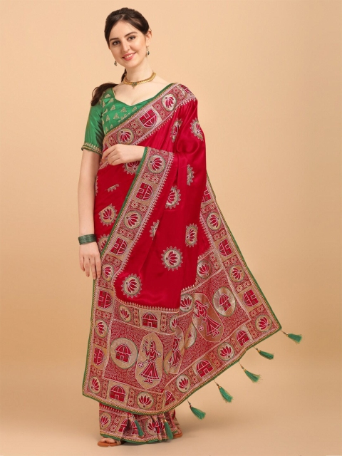 

Fab Viva Red & Off White Ethnic Motifs Embroidered Pure Silk Saree With Blouse Piece