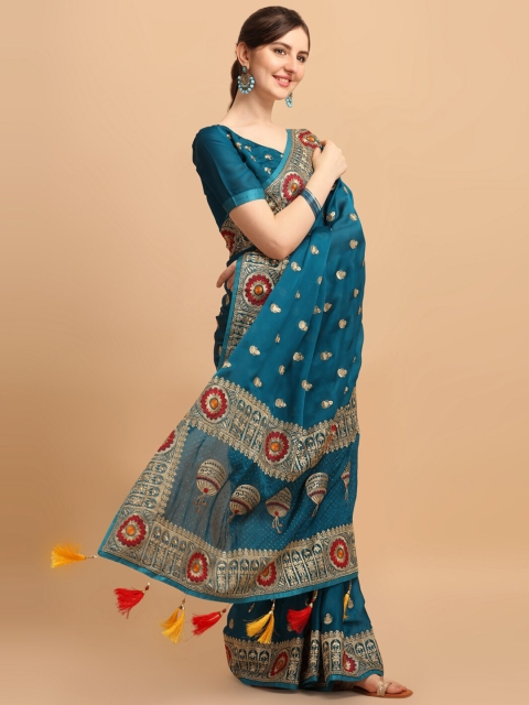 

Fab Viva Blue & Red Ethnic Motifs Embroidered Pure Silk Saree