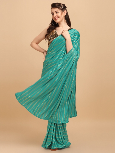 

Fab Viva Sea Green & Gold-Toned Striped Saree With Sequences Blouse Piece