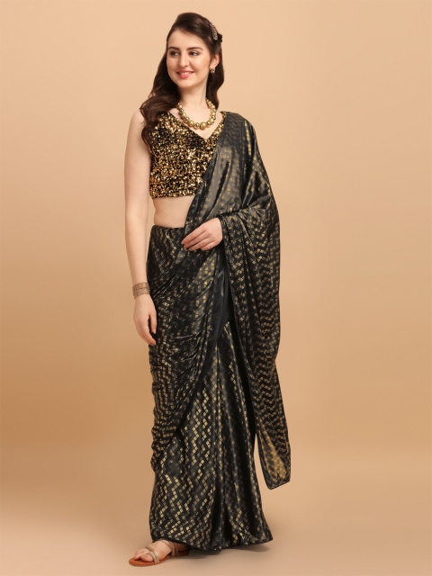 

Fab Viva Black & Gold-Toned Printed Lycra Saree With Sequences Blouse Piece