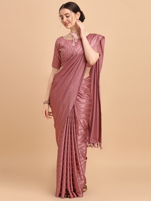 

Fab Viva Peach-Coloured Striped Poly Silk Saree With Sequences Blouse Piece