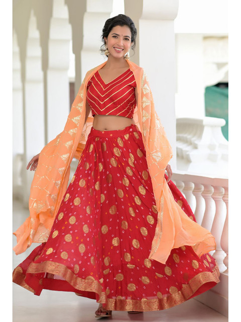 

Rangpur Red & Orange Embellished Ready to Wear Lehenga & Blouse Dupatta