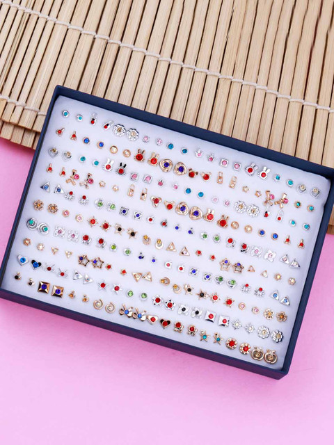 

Silver Shine Set Of 100 Classic Studs Earrings, Multi