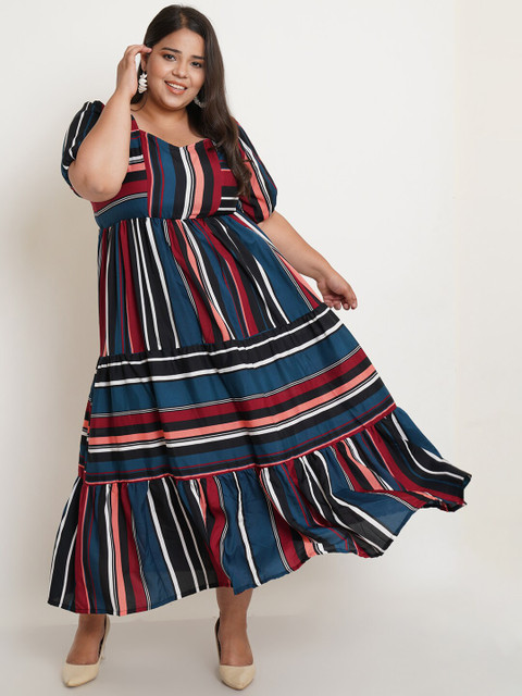 

U&F Women Plus Size Teal & Red Striped Crepe Maxi Dress