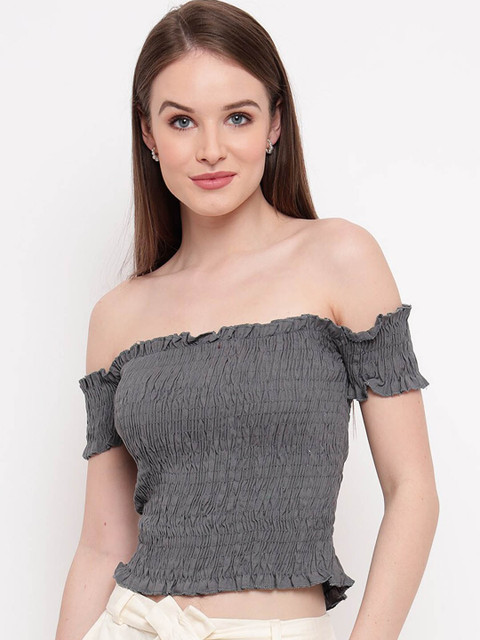 

Aawari Women Grey & Off White Solid Smocked Crop Top with Trousers