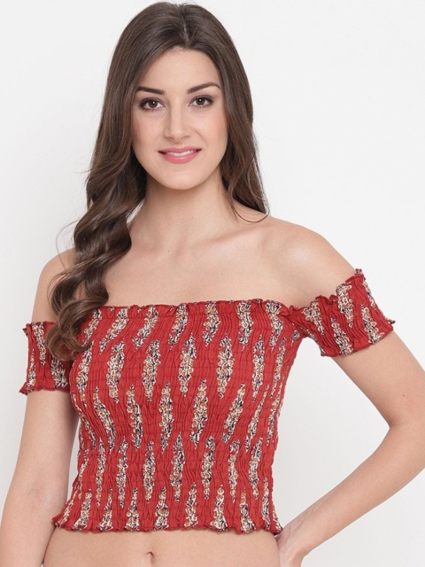 

Aawari Women Red & Olive-Green Printed Smocked Crop Top with Trousers