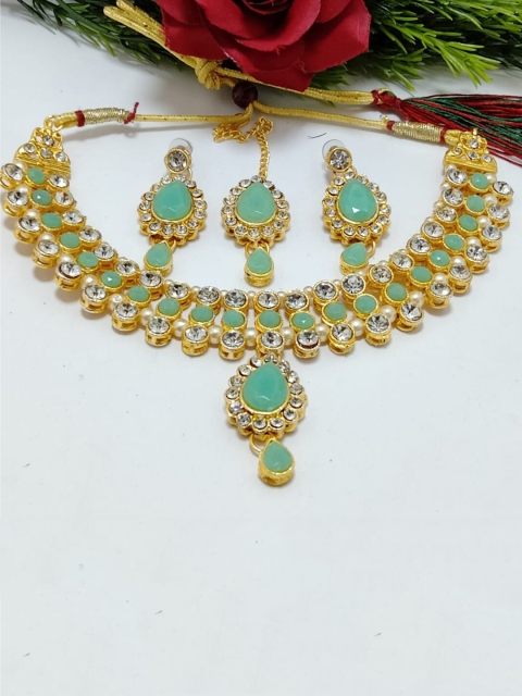 

MAD CLUB Gold-Plated Green & White Stone Studded Jewellery Set