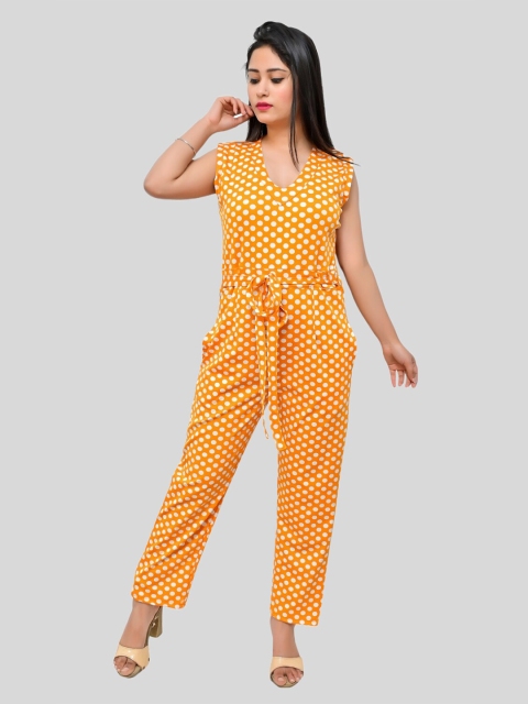 

FNOCKS Yellow & White Polka Dot Printed Cotton Basic Jumpsuit