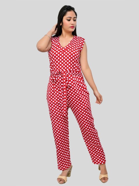 

FNOCKS Women Maroon & Off White Polka Dots Printed Basic Jumpsuit