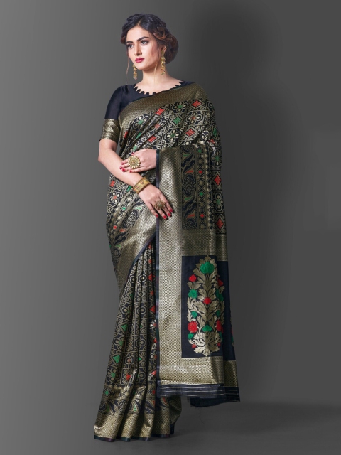 

TEREZA Black & Gold-Toned Floral Woven Design Zari Pure Silk Banarasi Saree