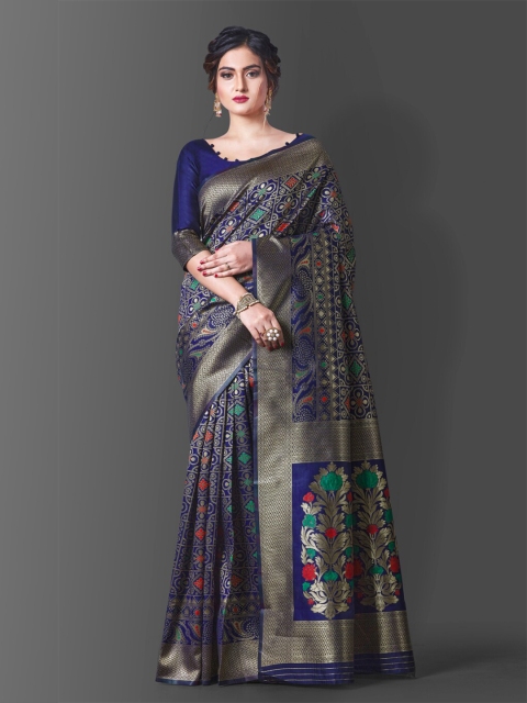 

TEREZA Blue & Gold-Toned Floral Woven Design Zari Pure Silk Banarasi Saree